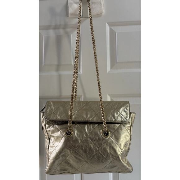 Vintage PRADA Metallic Gold Large Leather Quilted Double-Chain Strap Large - Picture 1 of 13
